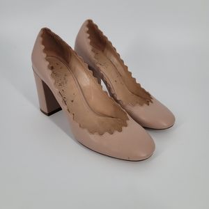 Chloe Beige Lauren Scallop Leather Block Heel Pumps Size 35